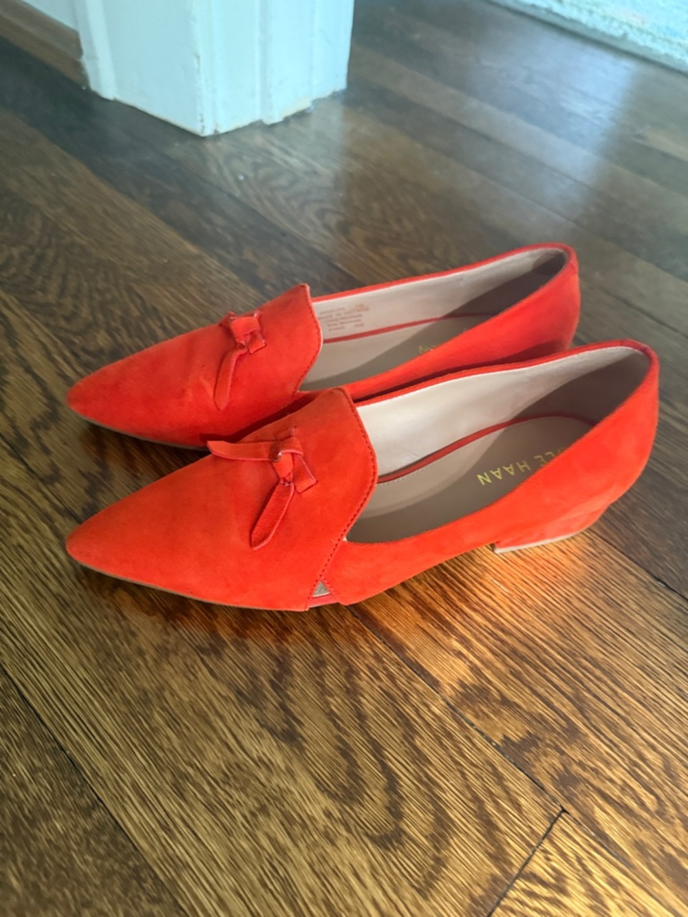 Cole Haan Red Orange Suede Pointed-Toe Loafers with Knot Detail